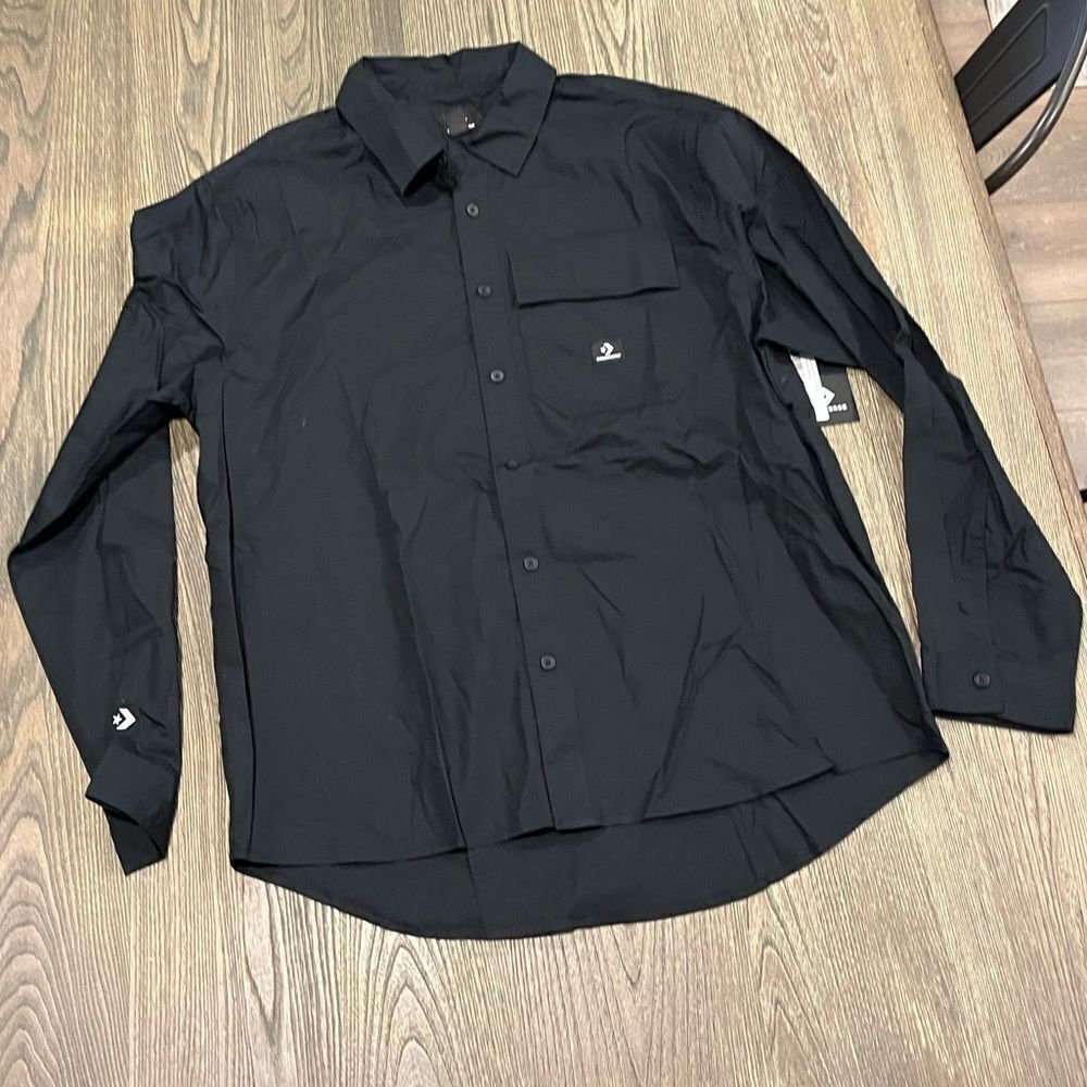 NWT Converse Woven Long Sleeve Button Down 2 Shirt Collared Cotton Black Medium